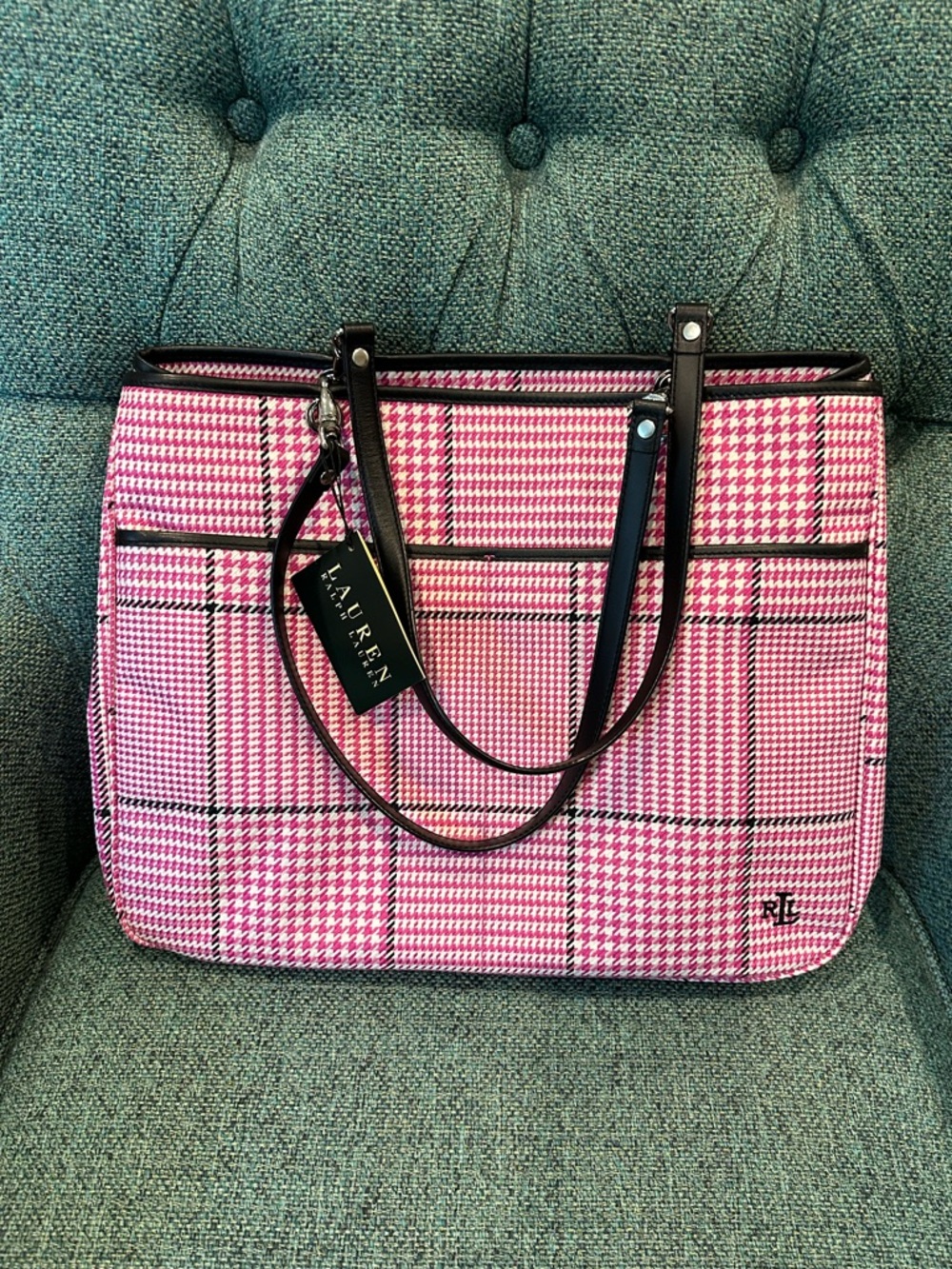 Ralph Lauren Pink Plaid Tote Bag with Black Trim